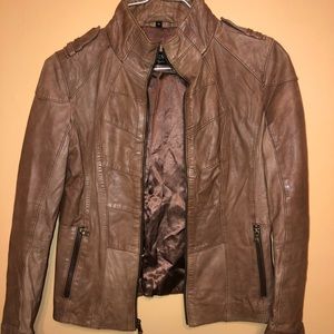 GUESS Tan Paneled Leather Jacket